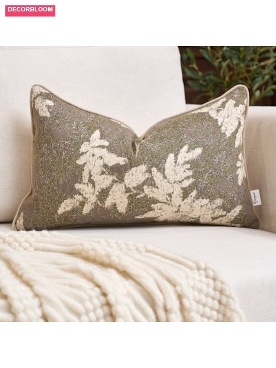 Other - Vintage Chenille Neutral Leaf Throw Pillow Cover 12x20 Inch, Soft Polyester